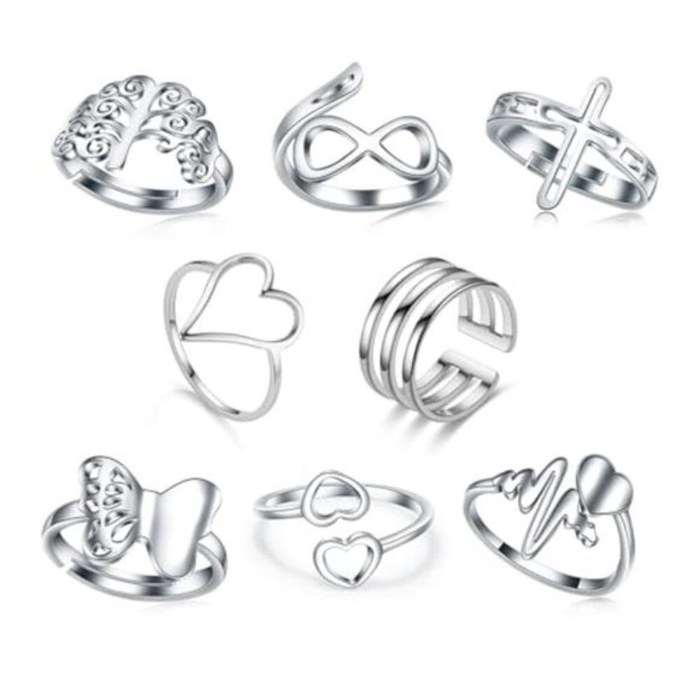 Silver Rings Set 8 Pack Stainless Steel for Women Silver Aesthetic Jewelry